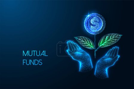 Mutual funds, sustainable growth, financial prosperity, strategic investment futuristic concept in glowing low polygonal style on dark blue background. Modern abstract design vector illustration.