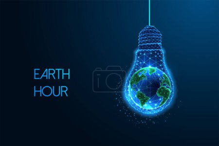 Earth Hour, concepto futurista de conservación de energía con el planeta Tierra dentro de la bombilla en un estilo poligonal bajo brillante sobre fondo azul oscuro. Diseño de conexión abstracta moderna vector ilustración.