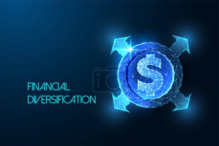 Illustration for Financial Diversification, portofolio expansion futuristic concept with dollar coin and arrows in glowing low polygonal style on dark blue background. Modern abstract design vector illustration. - Royalty Free Image
