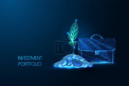 Investment Portfolio, Portfolio Performance futuristic concept with sprout growing of coins pile and brieafcase symbols in glowing low polygonal style on blue background. Abstract vector illustration.