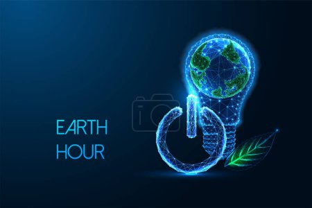 Earth Hour concept with Earth in a lightbulb, power button, and green leaf symbols. Call for global environmental consciousness futuristic concept on dark blue background. Vector illustration.
