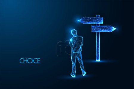 Decision making, choice, dilemma futuristic concept with man standing and looking to signpost showing different directions in glowing polygonal style on blue background. Abstract vector illustration