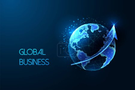 Global business, market growth, worldwide commerce futuristic concept with Earth globe and arrow up in glowing low polygonal style on dark blue background. Modern abstract design vector illustration.