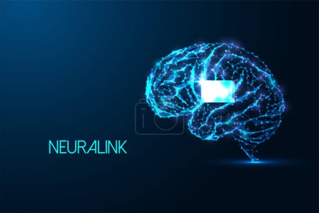 Neuralink, neural innovation futuristic concept wuth human barin with implant in glowing low polygonal style on dark blue background. Modern abstract connection design vector illustration.
