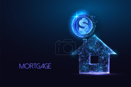 Anzahlung, Hypothek, Hauskauf futuristisches Konzept mit Haus- und Dollarmünzsymbolen im glühend niedrigen polygonalen Stil auf dunkelblauem Hintergrund. Moderne abstrakte Designvektorillustration.