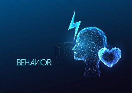 Human behavior, emotional responce futuristic concept with human head, lightning and heart symbols in glowing low polygonal style on dark blue background. Modern abstract design vector illustration.