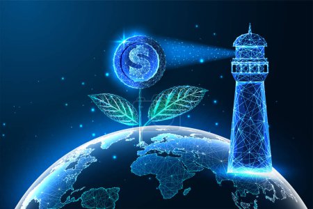 Globale Investitionschancen futuristisches Konzept mit Leuchtturm, der auf der Münzblume leuchtet, die auf dem Planeten Erdglobus in leuchtendem polygonalen Stil auf blauem Hintergrund steht. Vektorillustration