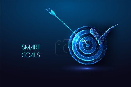 Smart goals, excellent performance, focus futuristic concept with target and check mark in glowing low polygonal style on dark blue background. Modern abstract connection design vector illustration.