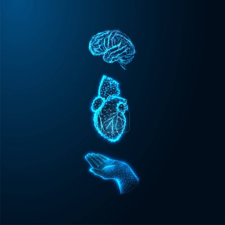 Cerebro, corazón y mano en armonía, unidad de intelecto, emoción y acción. Una representación holística del concepto futurista potencial humano sobre fondo azul. Ilustración vectorial de diseño brillante moderno.