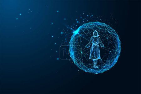 Woman silhouette inside of luminous sphere. Innovation, ethereal grace in virtual reality and digital transformation futuristic concept in glowing style onblue background. Modern vector illustration.