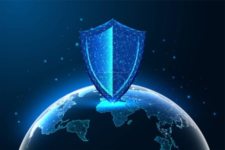 Cybersecurity, advanced technologies futuristic concept with digital shield safeguards Earth in glowing polygonal style on dark blue background. Modern abstract connection design vector illustration.