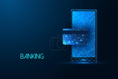 Mobile banking, contactless payment futuristic concept with creadit card and smartphone in glowing low polygonal style on dark blue background. Modern abstract connection design vector illustration.