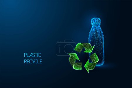 Öko-Bewusstsein, nachhaltige Ressourcennutzung futuristisches Konzept mit Plastikflasche und Recyclingschild im glühend niedrigen polygonalen Stil auf dunkelblauem Hintergrund. Moderne Designvektorillustration