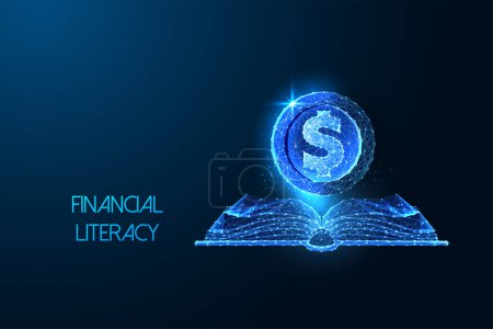 Financial literacy, economics education futuristic concept with open book and dollar coin in glowing low polygonal style on dark blue background. Modern abstract connection design vector illustration.