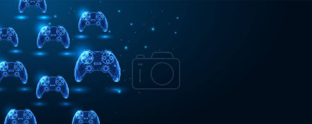 Diverse gaming experiences futuristic concept banner with game consoles and space for text in glowing low polygonal style on dark blue background. Modern abstract connection design vector illustration