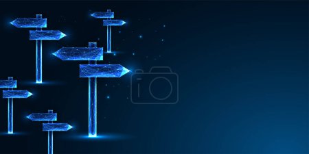 Navigating the future, pathways, signposts to various opportunities, choices, and decision-making futuristic concept in glowing low polygonal style on dark blue background. Vector illustration.