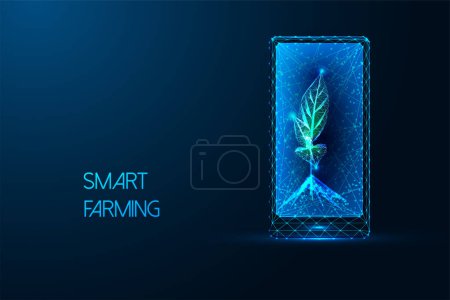 Smart farming, agriculture innovation technologies futuristic concept with plant sprout and mobile phone in glowing low polygonal style on blue background. Modern abstract design vector illustration.