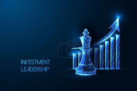 Ilustración de Concepto de liderazgo de inversión con figura de ajedrez rey y gráfico de crecimiento ascendente sobre fondo azul oscuro. Ilustración futurista de estilo poligonal para finanzas, estrategia, temas de negocios. vector abstracto - Imagen libre de derechos