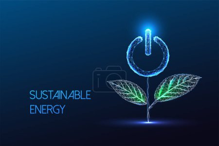 Sustainable energy, reneweable power generation futuristic concept with green plant and power switch button. Glowing low polygonal style on blue background. Modern abstract design vector illustration