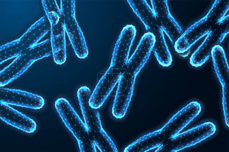 X Cromosomas bajo microscopio sobre fondo azul oscuro en estilo poligonal bajo brillante futurista. Banner de concepto de ingeniería genética futurista. Diseño de conexión abstracta moderna vector ilustración.