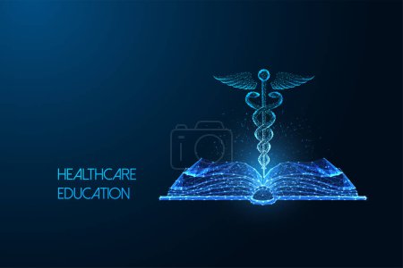 Healthcare education futuristic concept with open book and caduceus symbol in glowing polygonal style on dark blue background. Modern abstract design vector illustration. Innovative medicine learning.