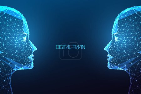 Digital twins, artificial intelligence futuristic concept with two identical faces facing each other in glowing low polygonal style on dark blue background. Modern abstract design vector illustration.