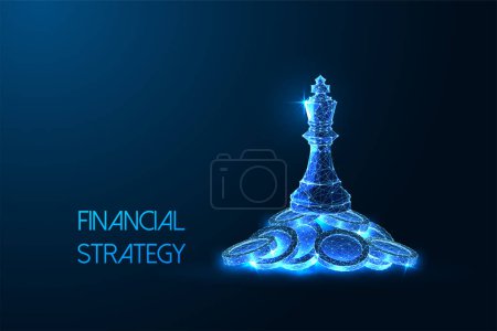 Estrategia financiera, gestión empresarial, liderazgo concepto futurista en brillante estilo poligonal bajo sobre fondo azul oscuro. Empoderamiento económico. Moderno abstracto conectar diseño vector ilustración