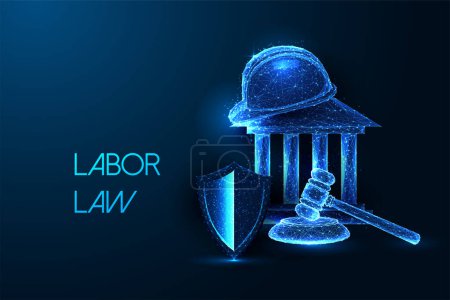 Labor law, legal protection, safety and justice in workplace futuristic concept in glowing low polygonal style on dark blue background. Modern abstract connection design vector illustration.