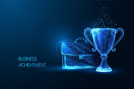 Business achievement, accomplishment, competetive advantage futuristic concept with briefcase and trophy in glowing polygonal style on dark blue background. Modern abstract design vector illustration.