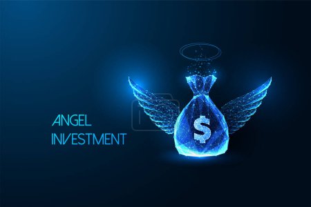 Illustration for Angel investment, financial support, growth opportunities futuristic concept with money bag and wings in glowing low polygonal style on dark blue background. Modern abstract design vector illustration - Royalty Free Image