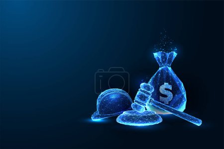 Illustration for Legal compensation, labor workers rights, financial settlement futuristic concept with justice, labor, finance symbols in polygonal style on dark blue background. Abstract design vector illustration - Royalty Free Image