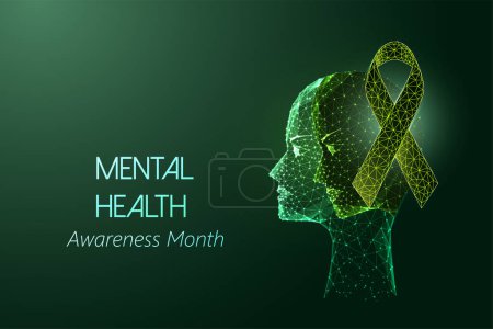 Mental health awareness month futuristic concept with human dual head and green awareness ribbon in glowing low polygonal style on dark green background. Modern abstract design vector illustration.