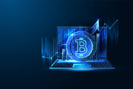Futuristisches Bitcoin-ETF-Konzept mit Wachstumsdiagramm, Laptop und Kryptowährungssymbolen auf dunkelblauem Hintergrund. Innovationen im digitalen Finanzwesen. Glühender polygonaler Stil. Abstrakte Designvektorillustration