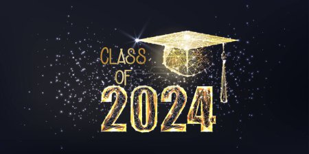 Banner conceptual de graduación dorada 2024 con sombrero de graduación poligonal bajo brillante aislado sobre fondo negro. Moderno marco de alambre malla diseño vector ilustración.