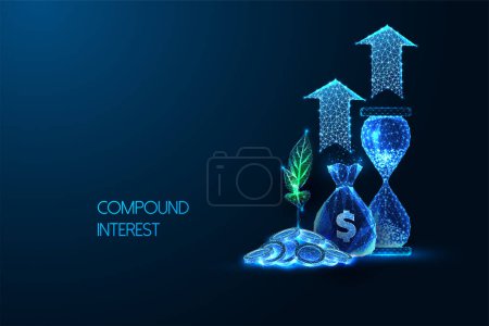 Compound interest, wealth accumulation, financial growth futuristic concept with money management symbols in glowing low polygonal style on dark blue background. Abstract design vector illustration.