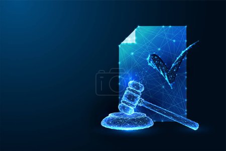 Legal document verification, attorney futuristic concept with gavel and check mark symbol in glowing low polygonal style on dark blue background. Modern abstract connection design vector illustration