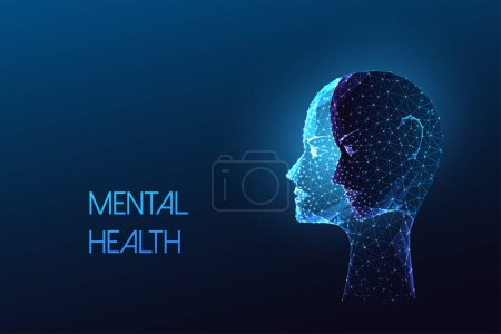 Mental health, self awareness, inner exploration futuristic concept with symbolic portrayal of inner struggles in glowing polygonal style on dark blue background. Abstract design vector illustration