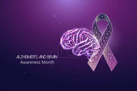 Alzheimers Disease Awareness Month Konzept mit menschlichem Gehirn und violettem Band, das Unterstützung und Bewusstsein auf dunkelviolettem Hintergrund symbolisiert. Futuristisch glühender niedriger polygonaler Stil. Vektorillustration.