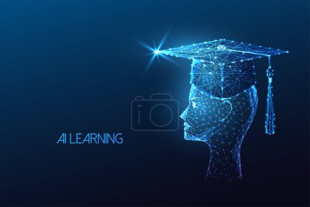 Concept futuriste d'apprentissage de l'IA avec tête humanoïde portant une casquette de graduation sur fond bleu foncé. Éducation et intégration technologique. Style polygonal éclatant. Illustration vectorielle design moderne.
