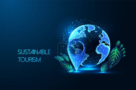 Sustainable tourism, eco-friendly travel futuristic concept with planet Earth, location pin, green footprint on dark blue background. Glowing low polygonal style. Modern abstract vector illustration.