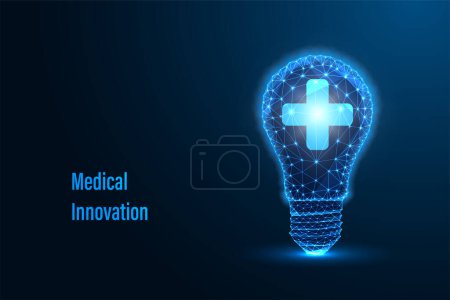 Futuristic medical innovation, healthcare advancement concept with glowing low polygonal medical cross inside lightbulb on dark blue background. Modern abstract connection design vector illustration