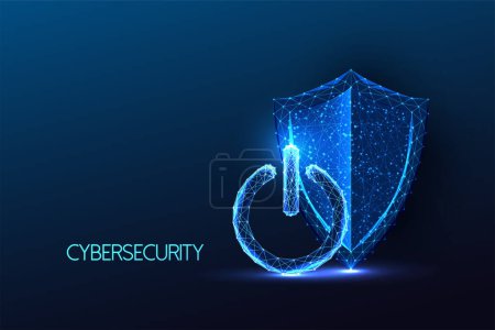 Futuristic cybersecurity, digital protection, secure data concept with protective shield, power button symbol. Glowing low polygonal style on dark blue background. Modern abstract vector illustration