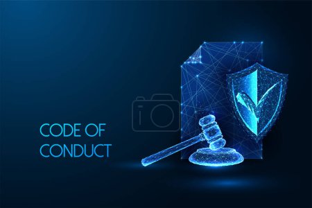Futuristic code of conduct, corporate govenrnace concept with document, gavel, and shield with an approval mark on dark blue background. Glowing low polygonal style. Modern design vector illustration