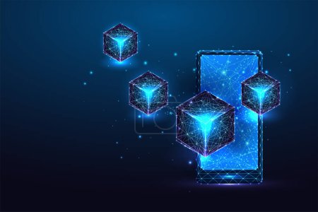 Blockchain technology, digital innovation, decentralized security futuristic concept with smartphone connected to blockchain in glowing low polygonal style on dark blue background. Vector illustration