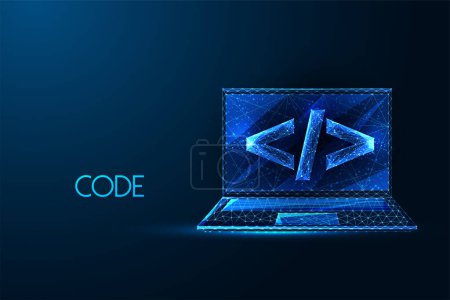 Programming, software development, machine learning futuristic concept with laptop and coding symbol in glowing low polygonal style on dark blue background. Modern abstract design vector illustration.