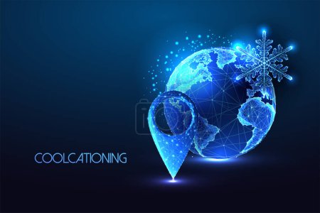 Coolcationing, tourism in cold climates futuristic iconcept with planet Earth, location pin, and snowflake on dark blue background. Glowing polygonal style. Modern abstract design vector illustration