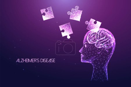 Alzheimers disease futuristic concept with human head and brain, puzzle pieces falling in against dark purple background.Glowing low polygonal style. Modern abstract design vector illustration.