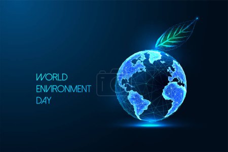 World Environment Day, sustainability futuristic concept depicts Earth and green leaf forming apple shape. Glowing polygonal style on dark blue background. Modern abstract design vector illustration
