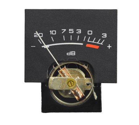 Analog arrow signal meter in decibel with black skale. Isolated on white background 