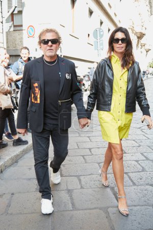 Photo for MILAN, ITALY - SEPTEMBER 22, 2022: Renzo Rosso and Arianna Alessi before Dsquared2 fashion show, Milan Fashion Week street style - Royalty Free Image